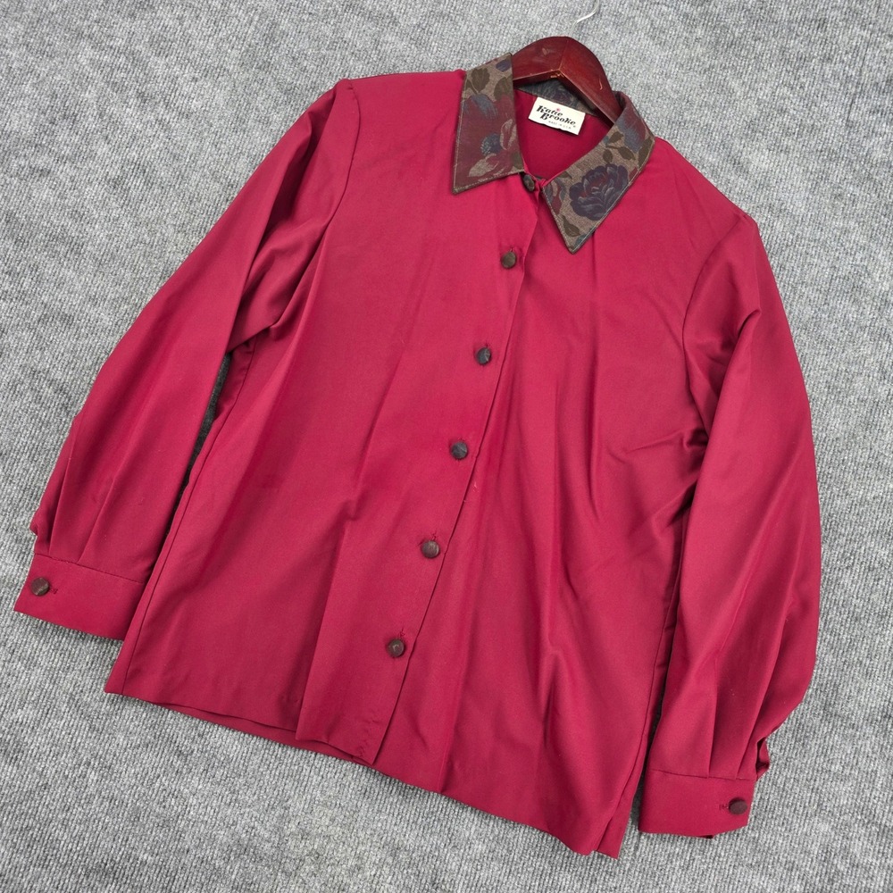 Katie Brooke Vintage Burgundy Button Down Blouse Floral Tapestry Collar USA Made